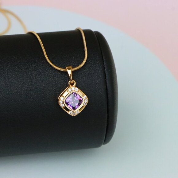 "Purple Cushion Stone Pendant in Gold Plated Brass with Crystal Halo, XPPT1770 - Picture 3 of 13